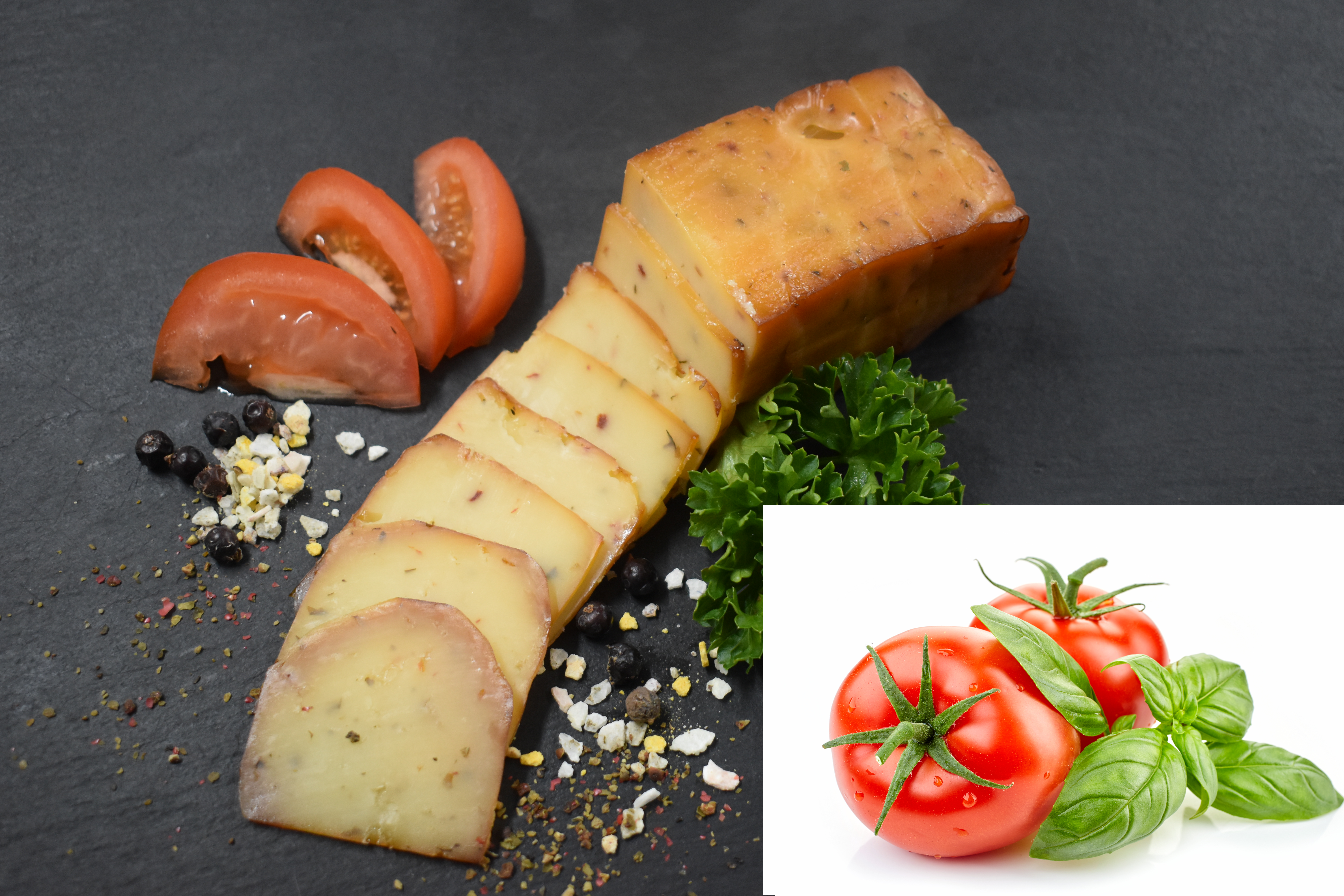 Käse geräuchert mit Tomate Basilikum ca 220g Räucherkäse 